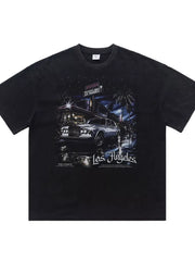 Black cotton t-shirt with vintage Los Angeles graphic featuring a classic car and palm trees at night.