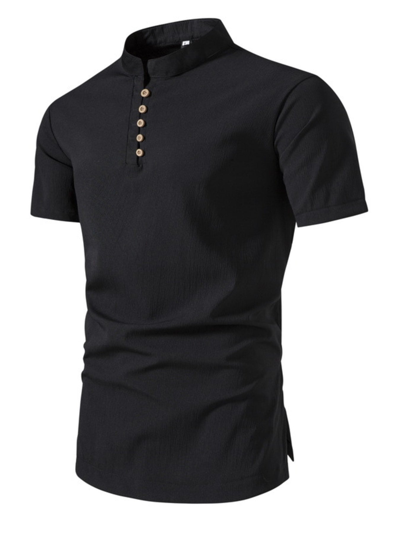 Black cotton short sleeve shirt with band collar and button detail