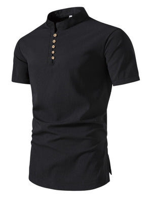 Black cotton short sleeve shirt with band collar and button detail
