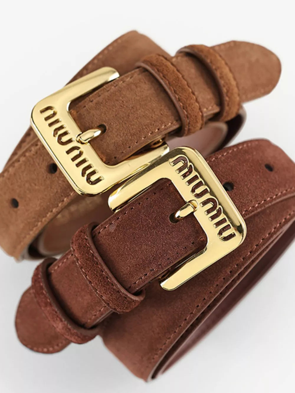 Brown suede leather belts with gold logo buckles