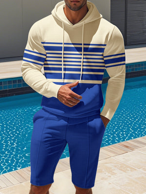 Men's blue and cream textured stripe hoodie and shorts set with drawstring.