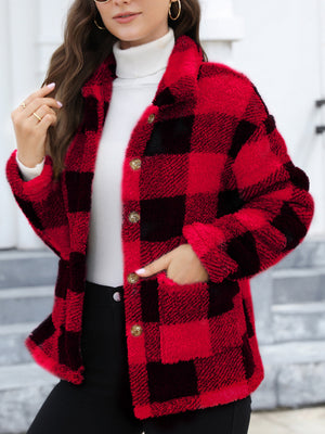 Plaid sherpa overshirt jacket in Deep Red with button front and pockets.