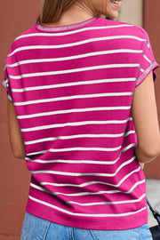 Boxy stripe tee in hot pink with white stripes and contrast trim neckline and sleeves.