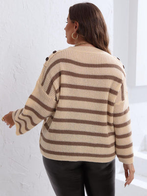 Breton stripe knit sweater in tan with brown stripes and shoulder buttons.