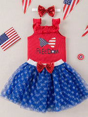 Red tank top with ruffled neckline and bow graphic, paired with a blue star print tulle skirt.