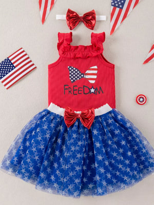 Red tank top with ruffled neckline and bow graphic, paired with a blue star print tulle skirt.