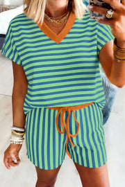 Blue and green striped cotton V-neck tee and drawstring shorts set with orange trim.