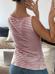 Textured stripe button-down tank top in deep red with a boat neck.