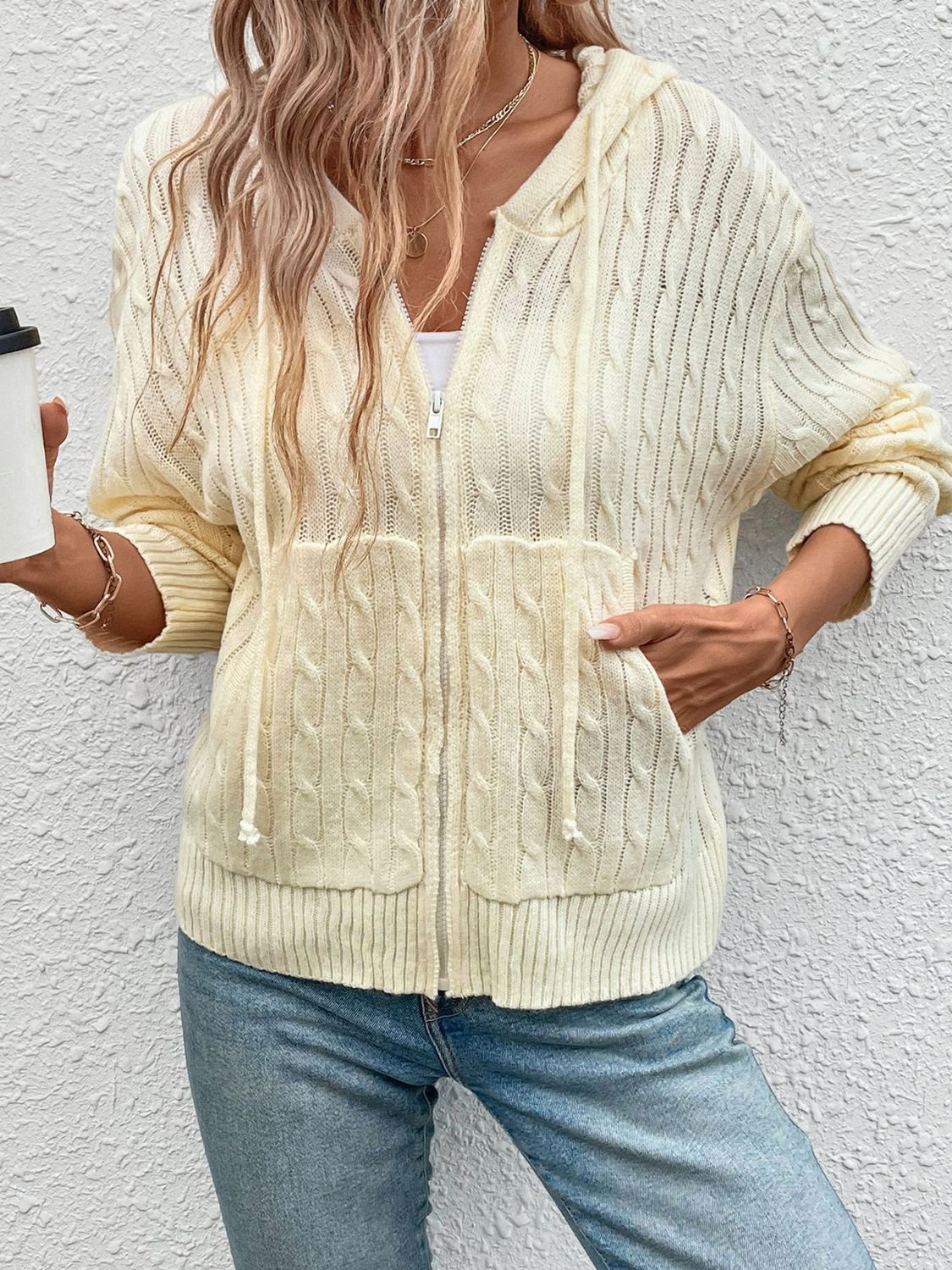 Pastel yellow cable knit zip-up hooded jacket with pockets