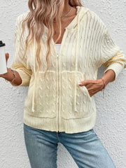 Pastel yellow cable knit zip-up hooded jacket with pockets