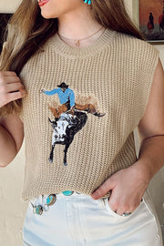 Tan knit tank top with rodeo cowboy bull riding graphic.