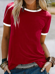 Bright Red t-shirt with white contrast trim, relaxed fit, short sleeves, and crew neck.