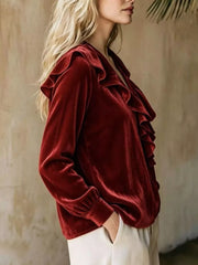 Full Size Ruffled V-neck Long Sleeve Blouse, side view