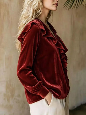 Full Size Ruffled V-neck Long Sleeve Blouse, side view