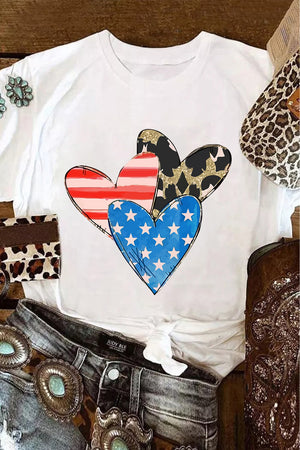 White t-shirt with Americana heart graphic featuring red stripes, blue stars, and leopard print.
