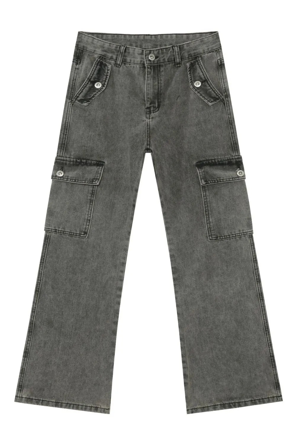 Faded denim flare cargo trousers in dark gray with button-flap side pockets.