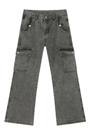 Faded denim flare cargo trousers in dark gray with button-flap side pockets.