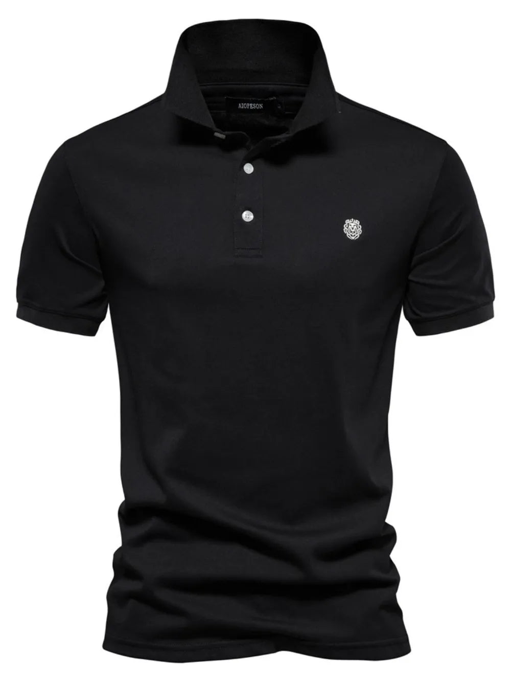Black cotton polo shirt with embroidered crest detail and button placket.