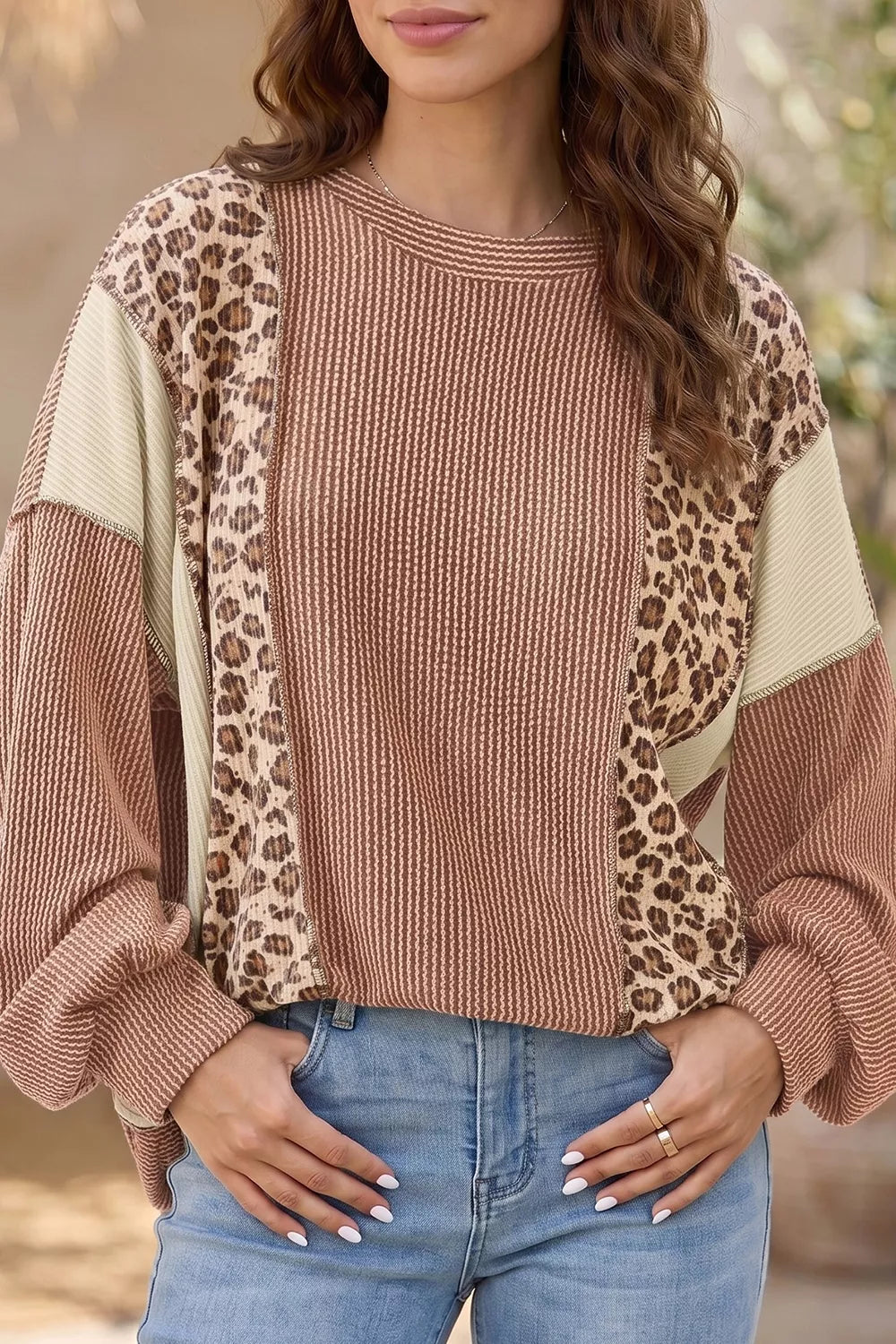Leopard Print Colorblock Ribbed Knit Blouse, front view