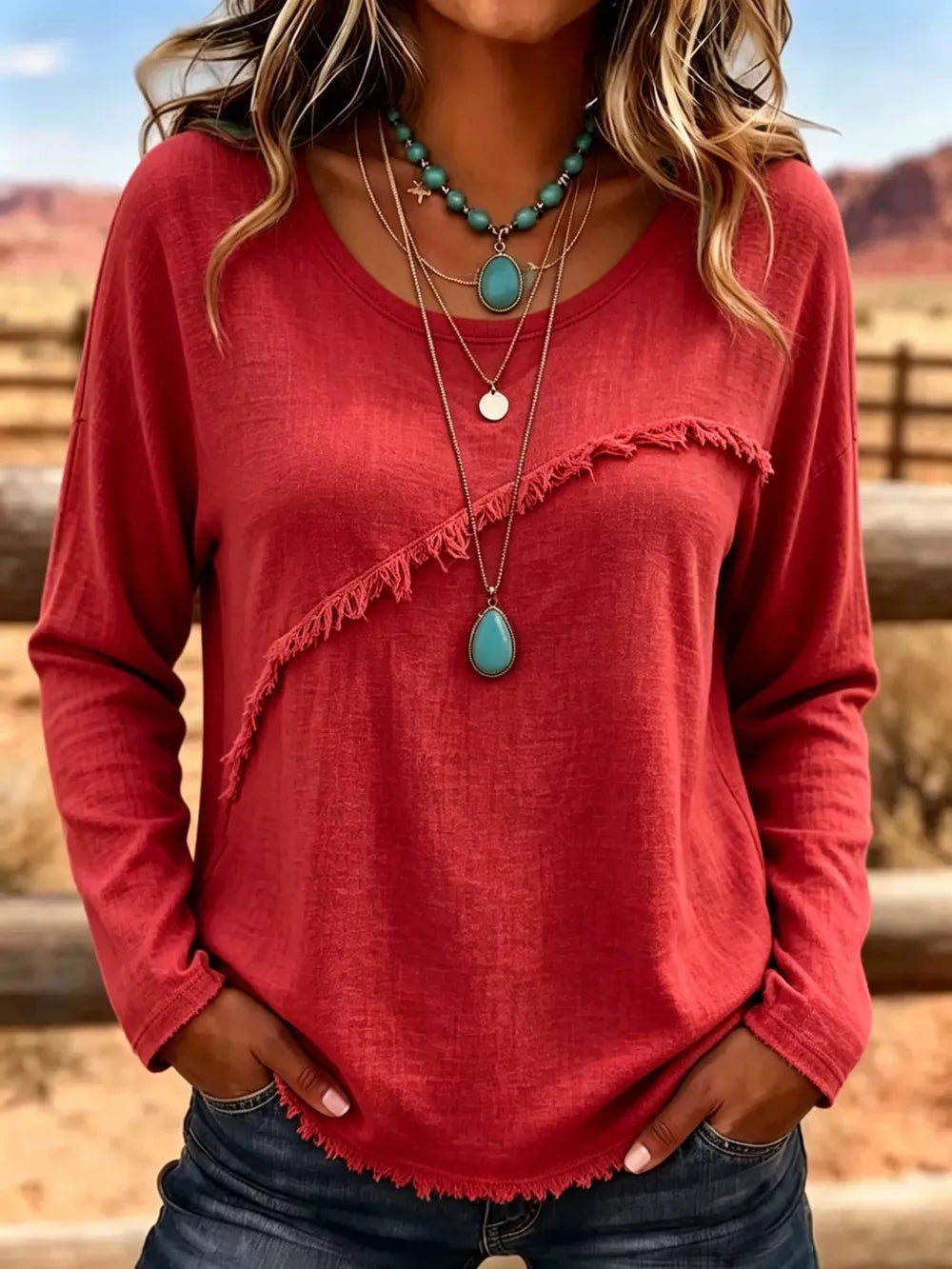Full Size Fringe Detail Long Sleeve T-shirt Plus Size in Orange, close-up detail