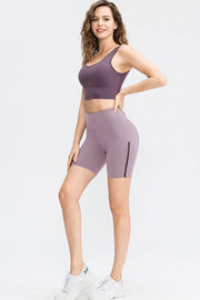 Lilac bike shorts with mesh inset detail on the side.