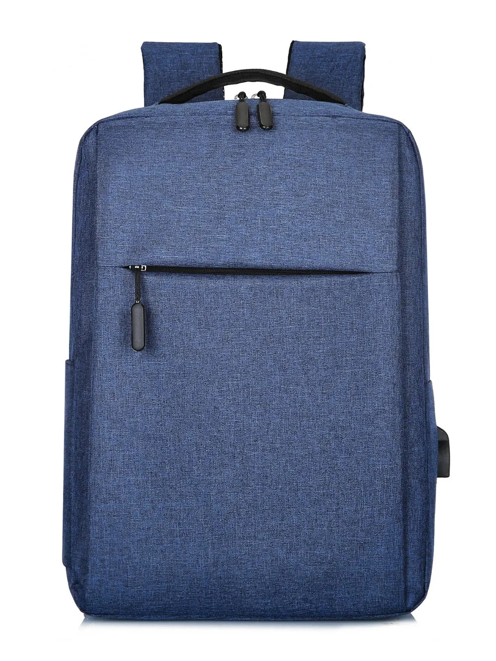 Dark blue canvas backpack with textured finish, front zipper pocket, and USB port.