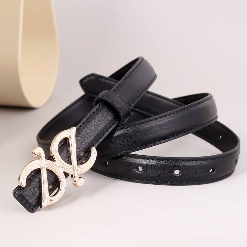 Black cowhide leather belt with gold double D-shaped buckle