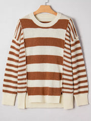 Patchwork drop shoulder sweater in caramel and cream stripes, acrylic fabric, baggy fit, crew neck.