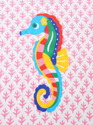 Toddler tee with colorful seahorse graphic on white cotton with pink coral pattern.