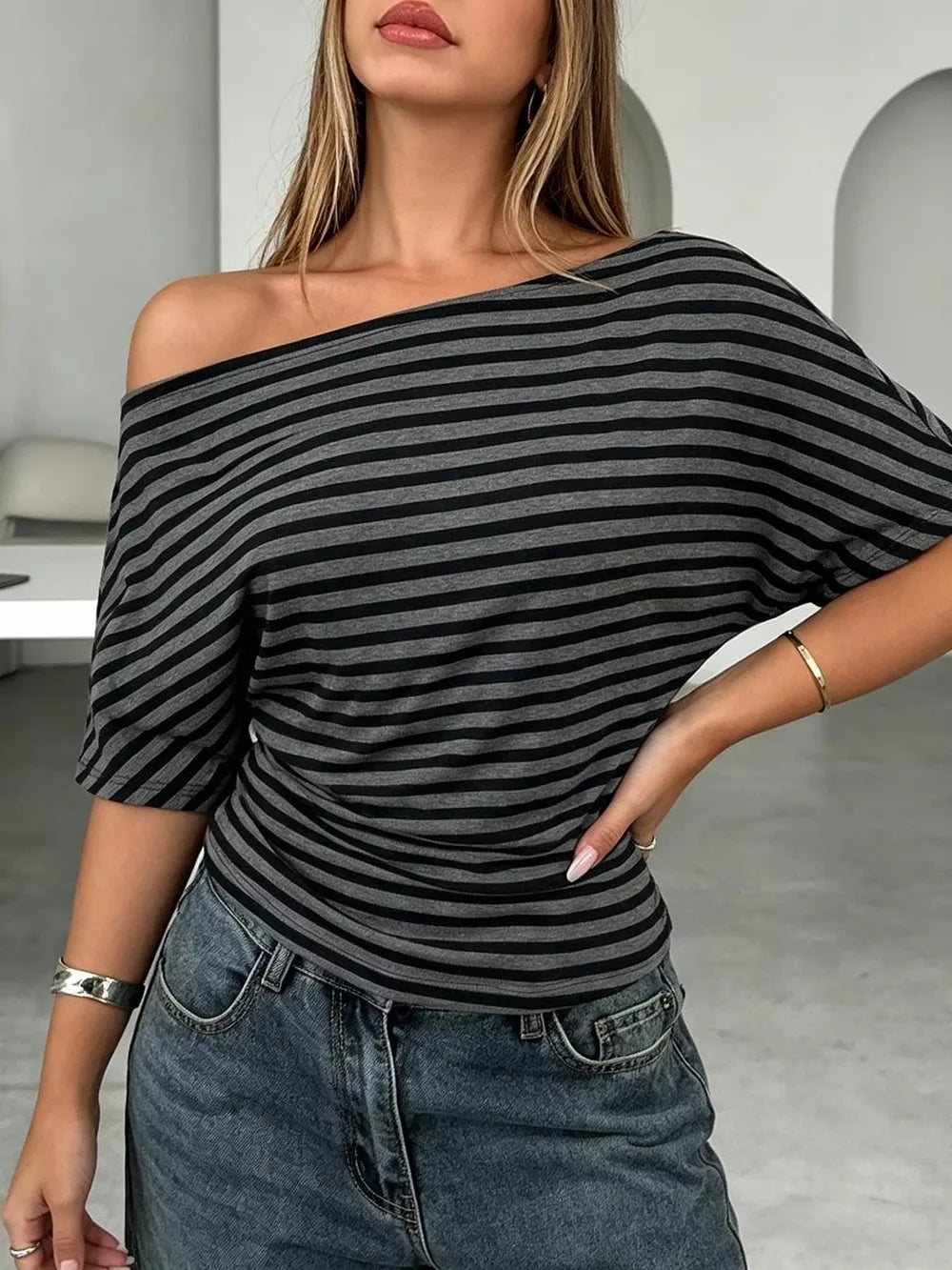 One Shoulder Striped Dolman Sleeve T-shirt in Gray, side view