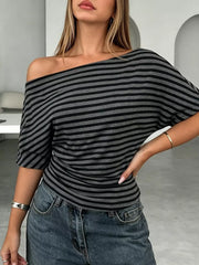 One Shoulder Striped Dolman Sleeve T-shirt in Gray, side view