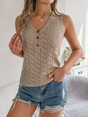 Tan openwork knit tank top with V-neck and button detail.