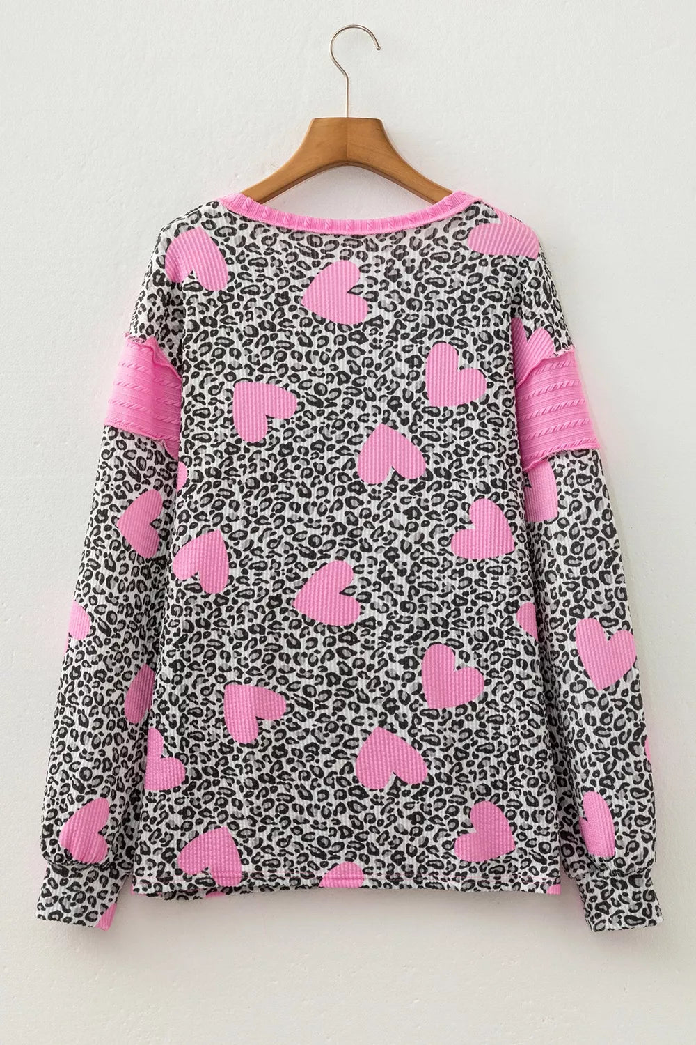 Leopard Heart Print Colorblock Pullover Blouse in Leopard, model styling view