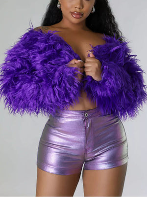 Faux Fur Open Front Cropped Outerwear in Red, fit detail