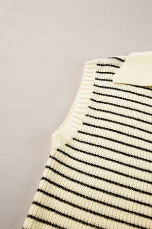 Ivory and black striped knit polo vest with ribbed collar and armholes.