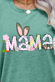 Gum Leaf graphic tee with Easter Mama text, bunny ears, eggs, and paw prints.