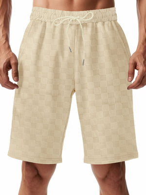 Khaki checkered chino shorts for men with drawstring waist