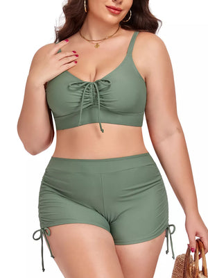 Plus size Army Green adjustable drawstring bikini set with ruched shorts.