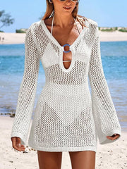 White openwork knit cover-up dress with keyhole detail and ring accent.
