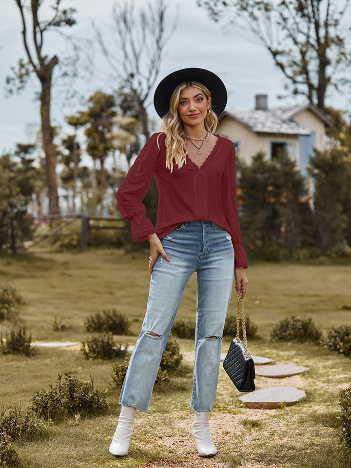 Wine textured blouse with lace trim neckline and cuffs, V-neck, long sleeves