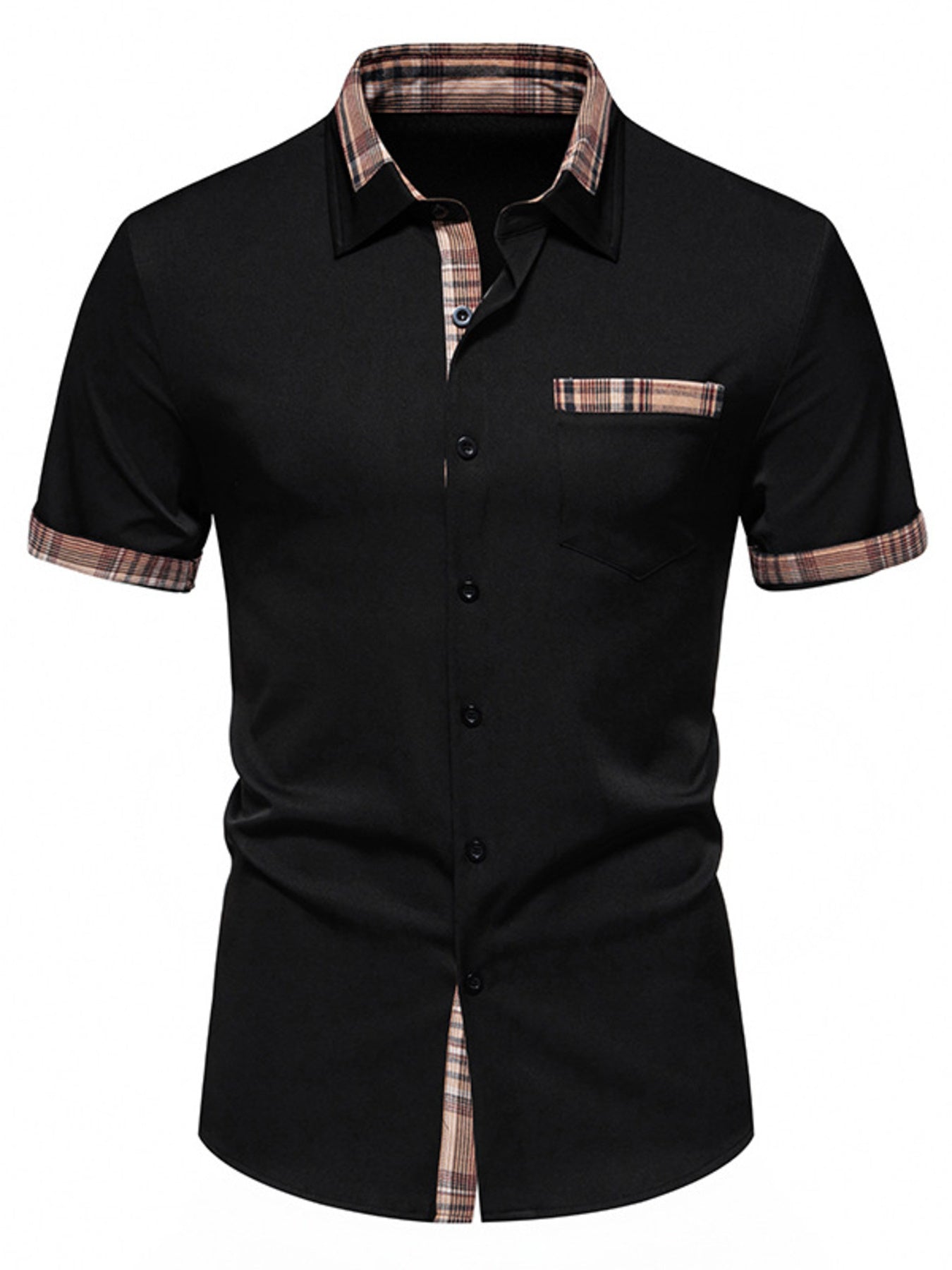 Black short sleeve button-down shirt with plaid collar, pocket and cuffs