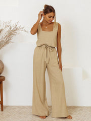 Tan linen square neck tank top and wide leg pants set with tie waist