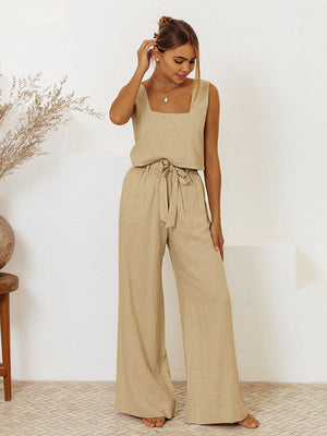 Tan linen square neck tank top and wide leg pants set with tie waist