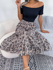 Black off-shoulder midi dress with a floral print A-line skirt