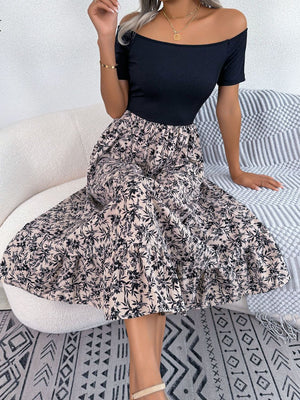 Black off-shoulder midi dress with a floral print A-line skirt