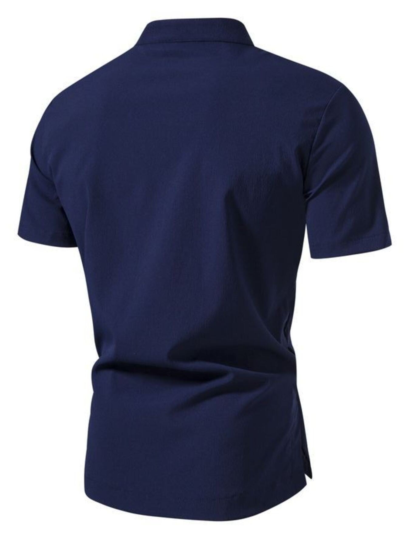 Dark blue cotton band collar short sleeve shirt with button detail