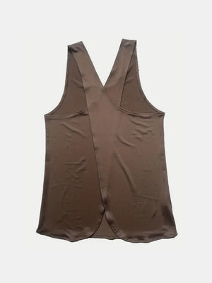 Mocha tank top with cross-back straps and a split hem