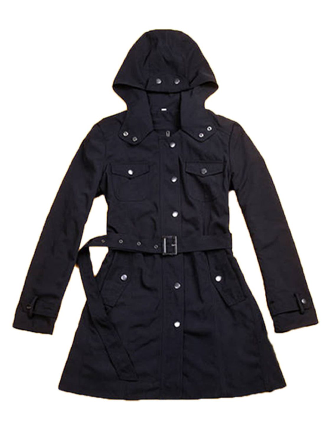Black belted utility parka with hood and chest pockets