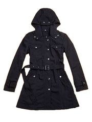 Black belted utility parka with hood and chest pockets