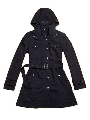 Black belted utility parka with hood and chest pockets